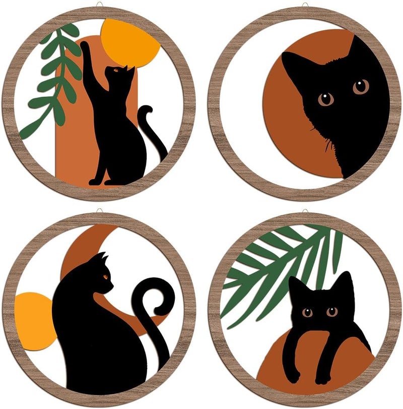 XFN 4PCs 3D Boho Cat Hanging Wooden Wall Art Wall Decor, Botanical Wall Decor Bohemian Decor, Cat Lover Gifts, Wooden Sign Wood Art Wood Plaque Home Decor for Living Room Bedroom Farmhouse Bathroom - Image 1